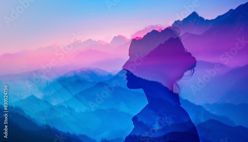 Silhouette of a woman blended with a mountain range, creating an ethereal, dreamlike scene. The woman appears to be merging with nature.