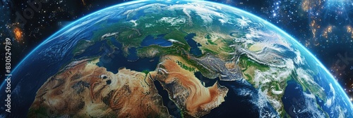 Earth Surface Viewed from Space: Realistic Globe Features and World Map in Outer Space