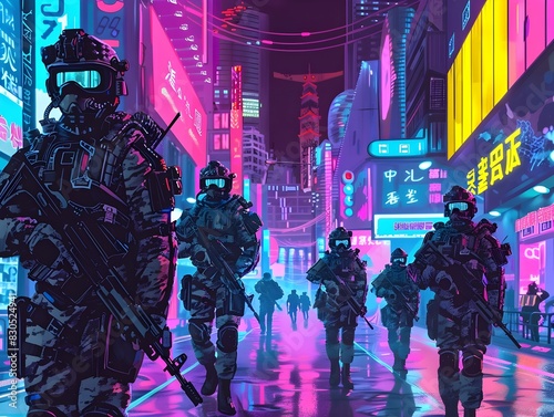 Futuristic City with Tactical Military Forces on Patrol in the Rain
