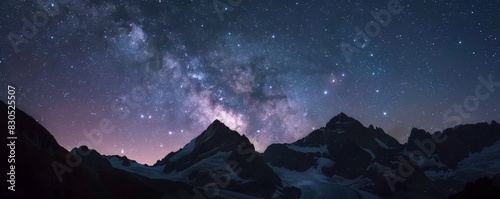 Starry night sky over a mountain range.