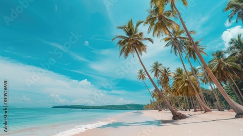 Panoramic beach scene with coconut palms and turquoise waters under a clear blue sky, perfect for vacation and relaxation themes.