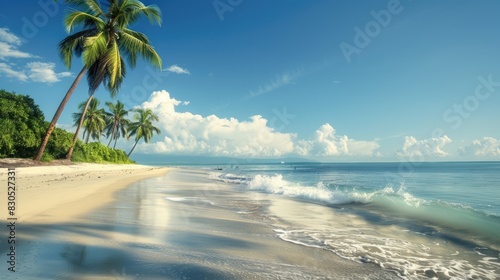 Panoramic beach scene with coconut palms and turquoise waters under a clear blue sky, perfect for vacation and relaxation themes.