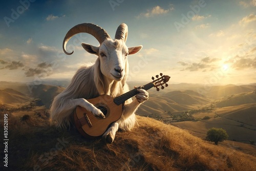 Fantasy image of the goat play a guitar while sitting on a hilltop