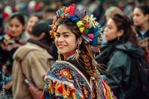 Photograph of a lot of people walking by on the street. One very beautiful colorfully dressed woman briefly turns her head, looks at me and smiles mysteriously