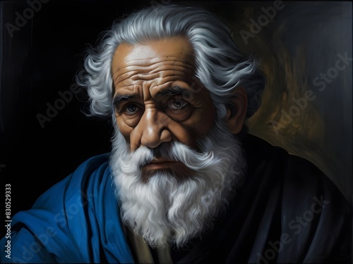 Oil painting of an ancient Greek philosopher with a dark background