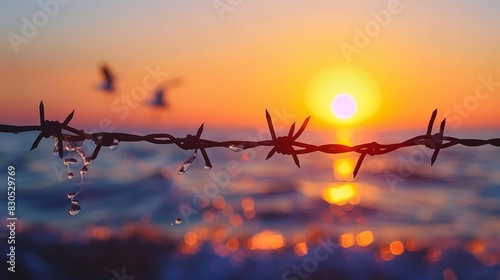 Close-up of barbed wire glistening in the sunset, serene beach with gentle waves and silhouettes of distant seagulls