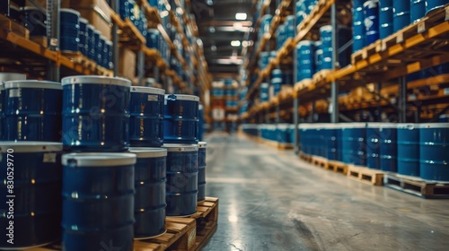 Close-up of blue chemical drums secured on wooden pallets, warehouse shelves filled with inventory in background, dispatch ready