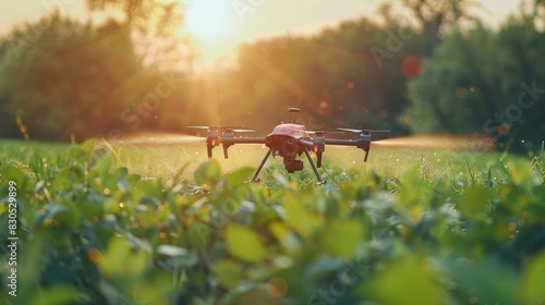 Detailed close up of a modern drone's sprayer system working over a green field, with a clear and bright sky
