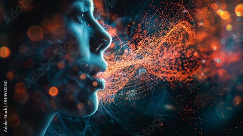 Double exposure of a person speaking and a futuristic digital interface with voice recognition analysis, highlighting sound waves