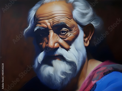 Oil painting depicting an ancient Greek philosopher on a dark background
