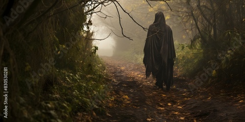 Observing a mysterious hooded figure on a rural trail. Concept Mystery, Nature, Suspense, Twilight, Intrigue