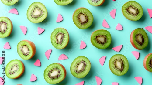  A collection of kiwi halves against a blue backdrop, surrounded by pink and green confetti scattered entirely
