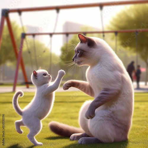 猫の親子が公園で遊んでいるところをモチーフにしたグラフィック素材、広告素材、
