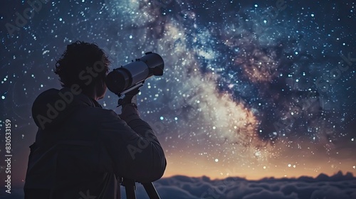 Astronomer stargazing with telescope