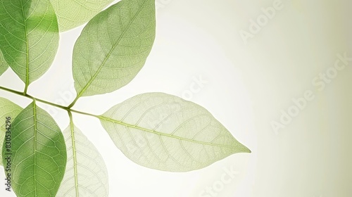  A close-up of a green leaf against a white background Left side shows a light reflection of the leaf Green leaf appears on the right side as well
