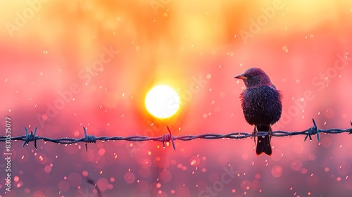  A bird sits on a barbed wire fence as the sun sets in the background Behind the bird, there's a barbed wire fence with its characteristic sharp points