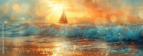 Sunset beach with sparkling water close up, focus on, copy space, Double exposure silhouette with a sailboat