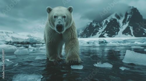 A polar bear is walking on a frozen lake