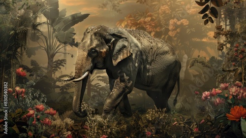 An exquisite depiction of an Asian elephant set against a backdrop of nature