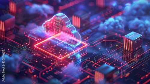 Design a scene of cloud computing with data centers, servers, and a digital interface displaying cloud storage, data management, and seamless access to information from anywhere 