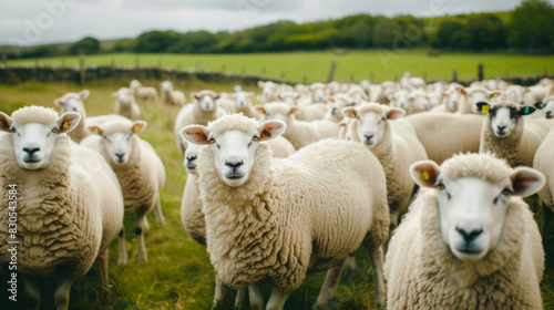 Flock of white sheep in the pasture representing conformity and herd mentality