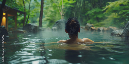 Japanese hot spring onsen, young woman relaxing in natural stone pool with steam rising from the water, surrounded by lush greenery and trees, closeup shot of his back showing relaxation expression