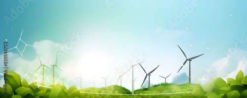A green landscape with wind turbines and mountains in the background. Green Energy Horizon: Wind Turbines Amidst Mountainous Landscap 