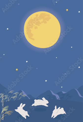満月の夜空と跳ね回る兎のイラスト