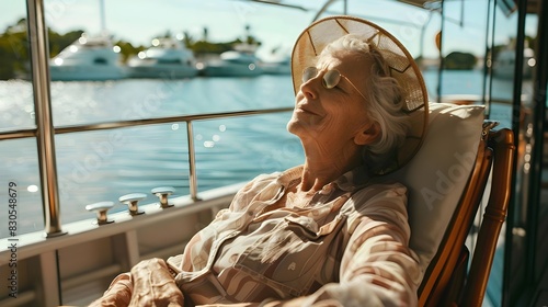 Caucasian senior woman wearing hat and sunbathing while sitting on deck chair at beach