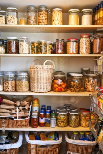 A well-organized pantry with neatly labeled jars, baskets, and shelves stocked with groceries. The orderly arrangement and the bright light create a functional and visually appealing space.