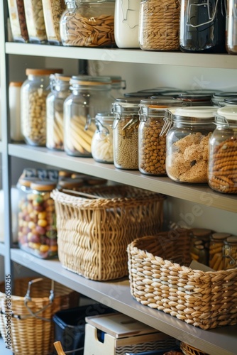 A well-organized pantry with neatly labeled jars, baskets, and shelves stocked with groceries. The orderly arrangement and the bright light create a functional and visually appealing space.