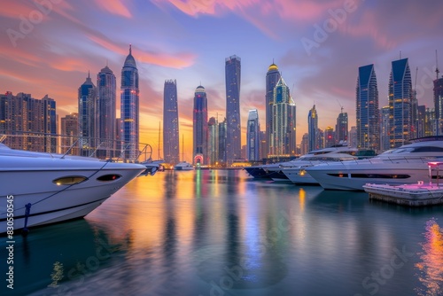 Dubai marina night skyline, boats, united arab emirates cityscape view