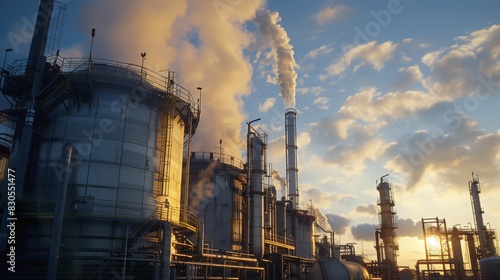 An oil refinery's cooling towers emit steam, a byproduct of the intense heat used in processing crude oil