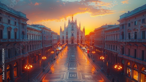 A breathtaking view of a historic cathedral in an empty city square at sunrise, with warm, glowing lights and a majestic sky.