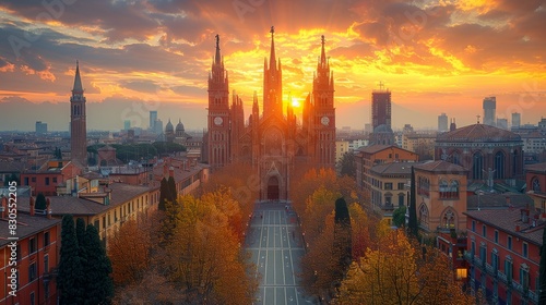 A breathtaking sunset illuminates the skyline of an old European city, dominated by a magnificent Gothic cathedral and autumnal foliage.