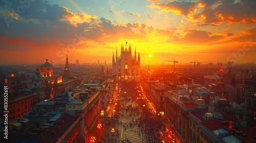A breathtaking sunset over a historic city square with a majestic cathedral, bustling with people and illuminated by warm street lights.