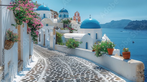 A cobblestone road, narrow pathway winding through whitewashed buildings with vibrant blue domes, blooming bougainvillea cascading over walls, azure sea in the background. Generative AI.