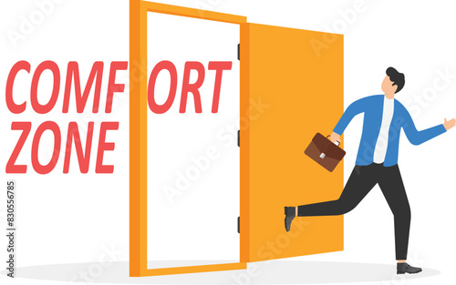 Office worker, entrepreneur or businessman with briefcase walking out open door. Concept of escaping comfort zone, step to success, personal development, flat vector illustration