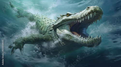 Stunning artwork of a Nile crocodile lurking in murky waters, showcasing its powerful jaws and scaly armor against a clean background.