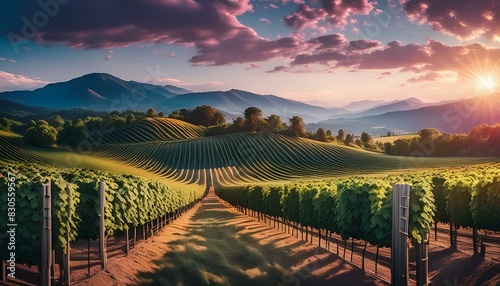 landscape with vineyard, landscape with green grass and sky, vineyard in region, vineyard in the morning, sunset over the mountains, sunset in the desert, Vineyard and forest fire - grape harvest
