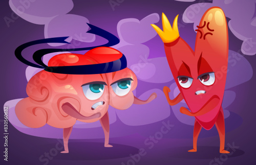 Heart and mind relations and connect concept. Human organs cartoon characters fighting. Brain and heart struggle for intelligence and emotion balance. Vector illustration of feeling and rationality.