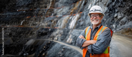 A Distinguished Caucasian Male Engineer Smiling With Arms Crossed, Open-Pit Mine Environment, Risk Mitigation Concept, PPE, Copy Space. 