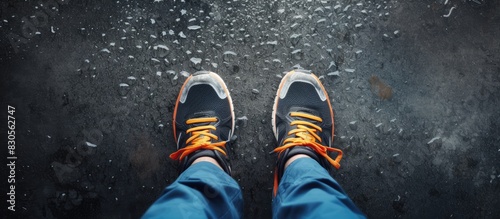 Preparing for a winter urban run a sporty man is seen from a top view lacing his sport shoes on wet asphalt creating a copy space image