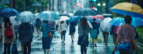 A group of Japanese people walking on a street in Japan with umbrellas during heavy rain, in a photo taken from behind them. The scene shows various faces and body postures as they walk along an outdo