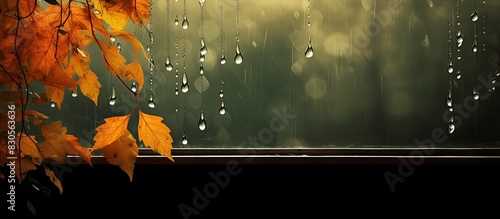 An autumn themed design featuring raindrops mosquito net and leaves on a window providing a copy space image