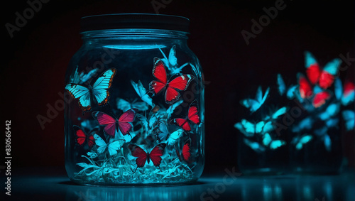Jars with wild flowers, watercolor illustration. Generative AI butterfly in jar 