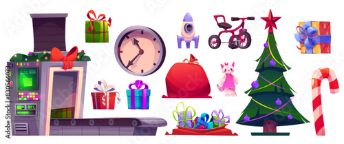 Christmas Santa Claus factory elements. Creation kit of xmas workshop with children toys and wrapped gift boxes, manufacturing automated conveyor belt and bag with presents, decorated tree and clock.