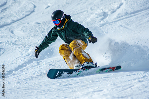 A snowboarder is riding down the hill on his board. He wears dark green jacket, yellow pants and helmet with blue goggles. The ground covered in white snow. A sunny day