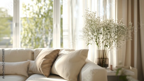 The sunlight shines through the sheer curtains onto a comfy couch with neutral pillows and a tall vase of baby's breath flowers.