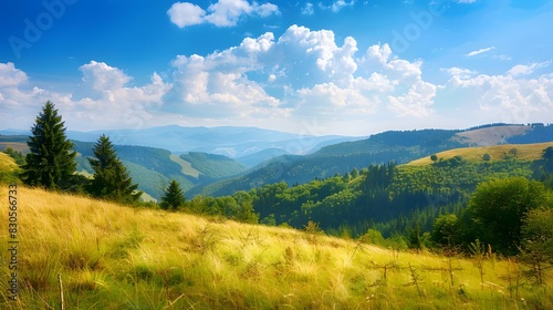 Picturesque alpine meadow with vibrant green grass and towering trees, a breathtaking backdrop for summer adventures in the Carpathians.